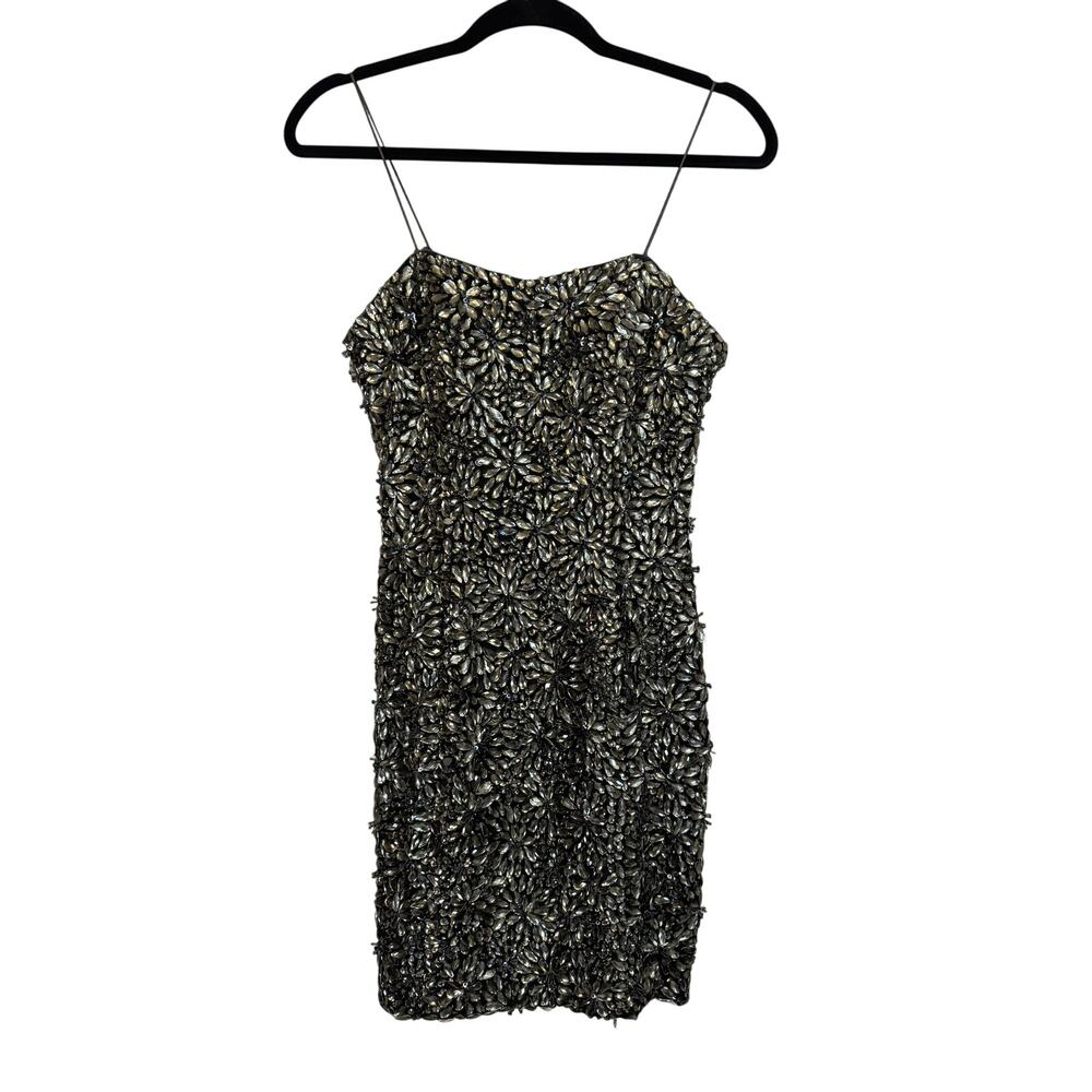 Theia Black Crystal Rhinestone Designer Silk Cocktail Mesh Mini Dress Size 2